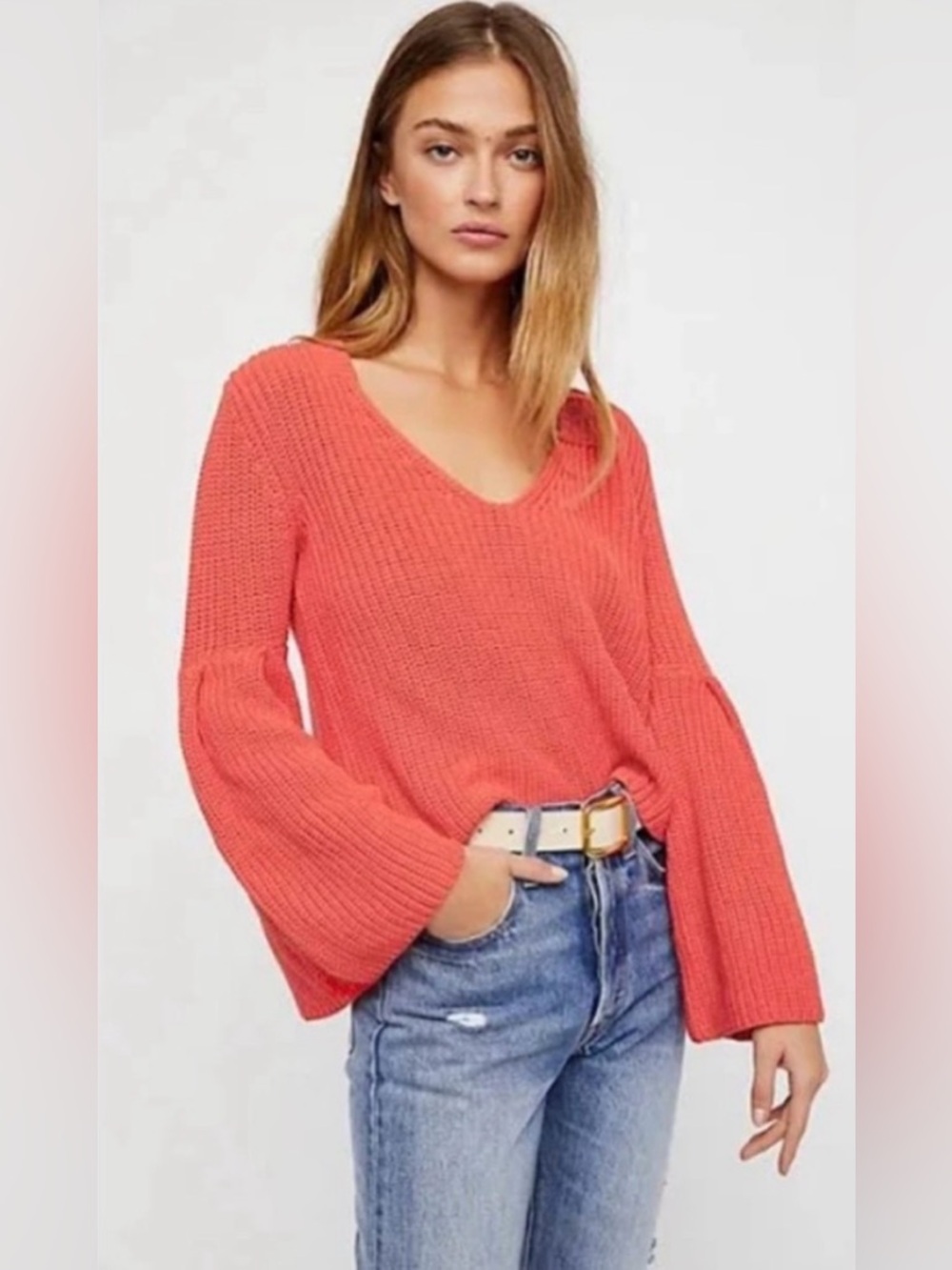 Free People Damsel Sweater Sz M NWOT Coral Orange Bell Sleeve Chunky Knit Boho